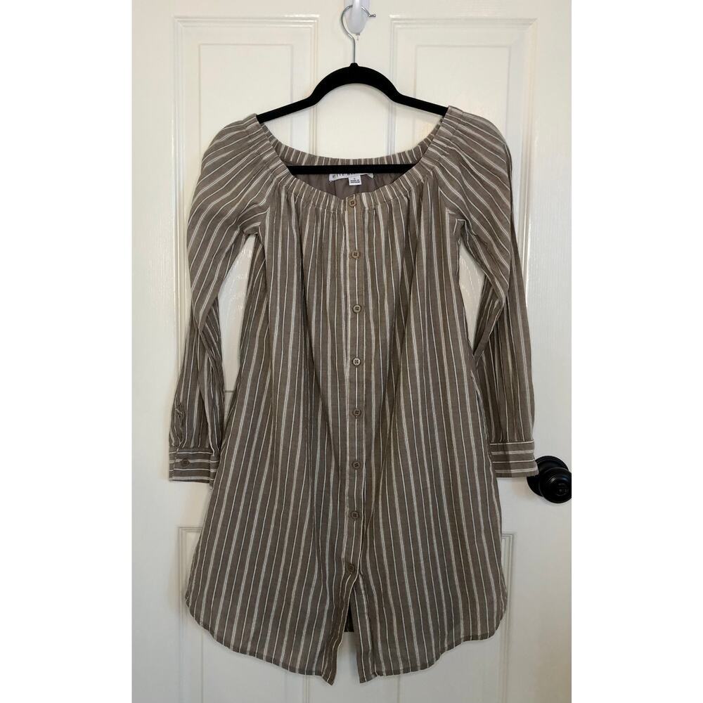 HYFVE Brown Striped Button Down Long Sleeve Off Shoulder Dress - Size Small